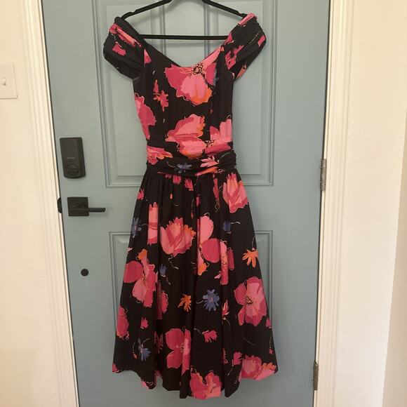 Vintage 1980s‎ Laura Ashley Great Britain Black Pink Floral Dress Full Skirt 8 - Picture 9 of 16